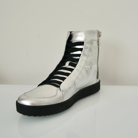 NIB GUCCI MENS HITOP LEATHER METALLIC SILVER SNEAKERS - Picture 3 of 9
